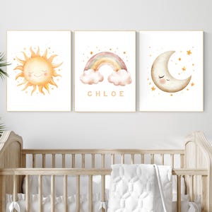 Personalized Sun Moon Rainbow Wall Art – Custom Name Print Set – Neutral Nursery Decor for Baby Girl or Boy, Boho Celestial Theme