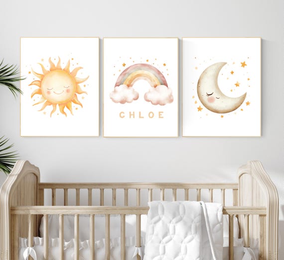 Personalized Sun Moon Rainbow Wall Art – Custom Name Print Set – Neutral Nursery Decor for Baby Girl or Boy, Boho Celestial Theme
