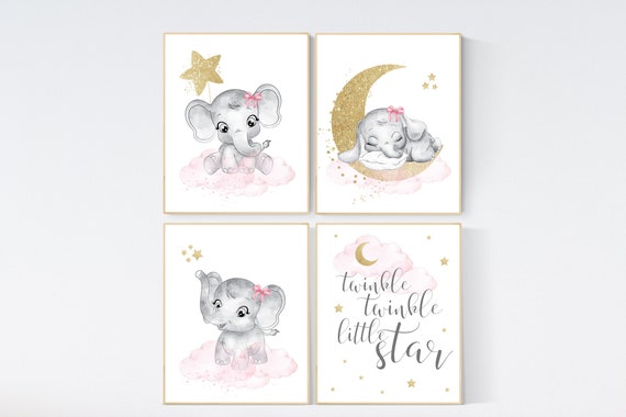 Nursery decor girl elephant, pink and gold nursery, twinkle twinkle little star, pink nursery art, cloud and stars, baby room decor