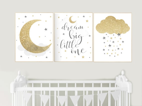 Nursery wall art gold gray, gender neutral nursery, gold nursery, moon and stars, baby room decor, gender neutral nursery ideas, grey