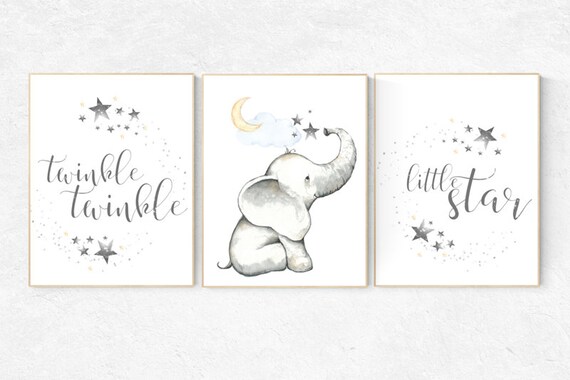 Elephant nursery, , twinkle twinkle little star, cloud nursery decor, Nursery decor neutral moon and stars, moon, Nursery decor elephant