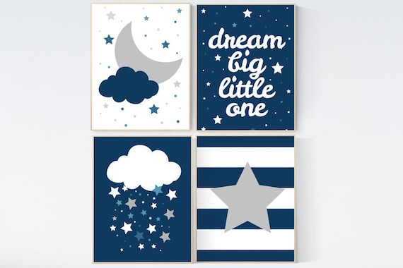 Navy blue wall art set, dream big little one, navy blue nursery prints, navy gray, nursery decor boy, nursery decor elephant, elephant