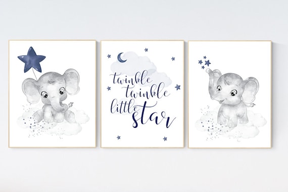 Nursery wall art boy, nursery decor elephant, nursery prints, navy nursery, navy blue, twinkle twinkle little star, nursery prints elephant