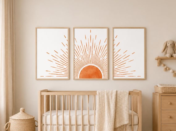 Terracotta Sunburst Nursery Prints, Set of 3 Boho Sunrise Wall Art