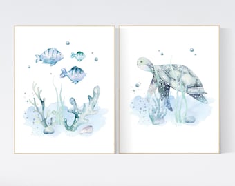 Ocean Nursery Print Set: Watercolor Sea Turtle & Fish Art