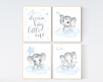Elephant Nursery Art Prints: Blue Grey Baby Decor