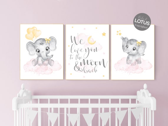 Nursery decor girl, pink and yellow, Elephant nursery, nursery wall art elephant, girl nursery decor, girl nursery, pink yellow