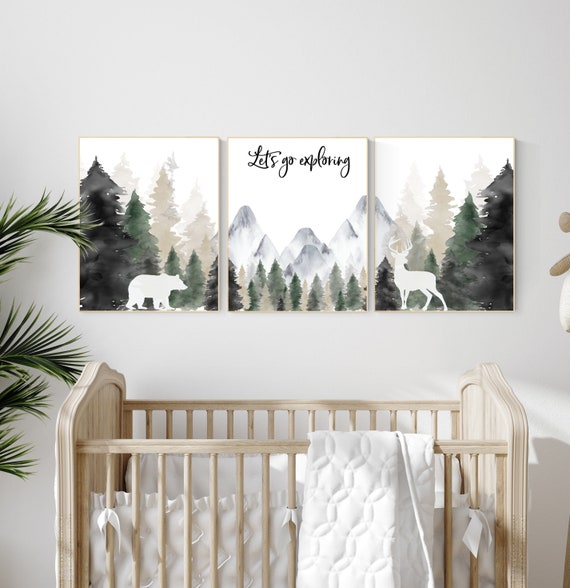 Nursery decor woodland, mountain wall art, tree nursery decor, adventure theme nursery, forest nursery, sage green, woodland animals