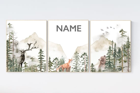 Nursery decor woodland, mountain wall art, tree nursery decor, adventure theme nursery, forest, sage green, beige, woodland animals