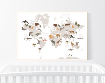 Safari animals nursery, Animal World Map, Map of the World, Playroom decor, Nursery world map, animal map, gender neutral, large size