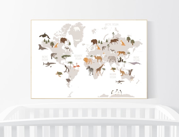 Safari animals nursery, Animal World Map, Map of the World, Playroom decor, Nursery world map, animal map, gender neutral, large size