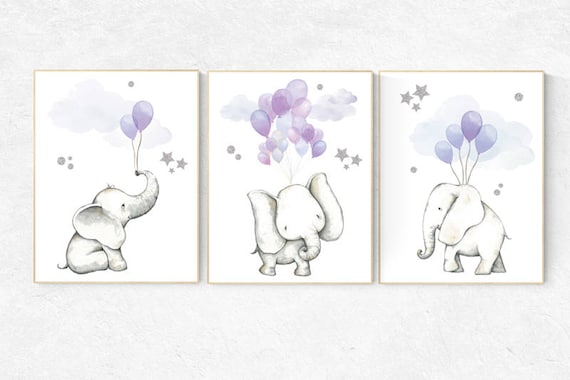 Lavender silver Nursery decor, Lilac silver nursery decor elephant, purple silver, animal prints, nursery decor girl elephant, baby room