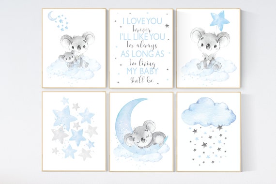 Nursery wall art koala, baby blue nursery, Animal nursery wall art, koala decor for nursery, blue grey elephant, boys nursery, set of 6
