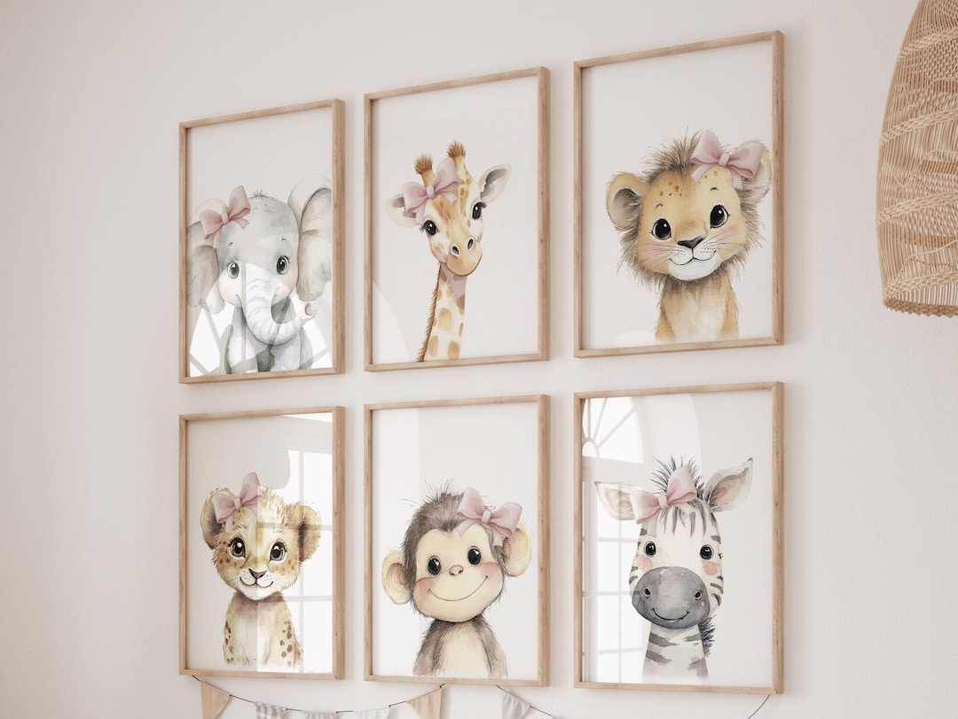 Girl Safari Nursery Wall Art Set of 6, Baby Animal Prints With Pink ...