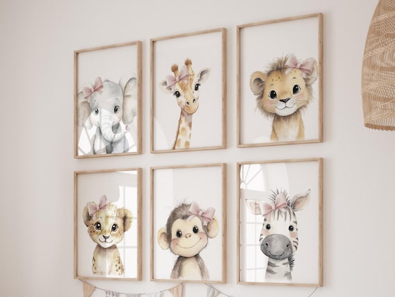 Girl Safari Nursery Wall Art Set of 6, Baby Animal Prints with Pink Bows
