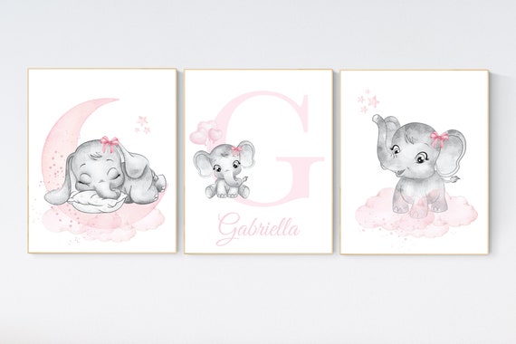 Nursery wall art girl elephant, pink and grey, nursery decor girl pink, moon, stars, nursery prints, baby room decor, girl nursery, animals