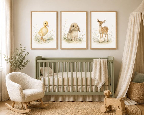 Baby Animal Nursery Wall Art Set of 3, Bunny Duckling and Fawn Prints