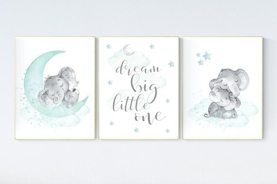 Nursery decor elephant, mint green nursery, dream big little one, nursery wall art animals, cloud and raindrops, nursery wall art teal
