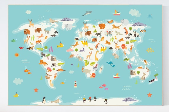 Animal map nursery, Animal world map, Nursery world map, Animals map, animal map of the world, gender neutral nursery, animals of the world