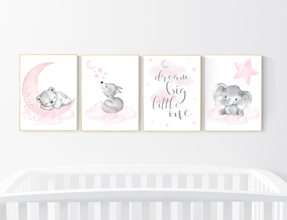 Nursery decor girl animals, elephant, bear, fox, animal nursery, bear nursery, pink gray, woodland animals, dream big little one, girl