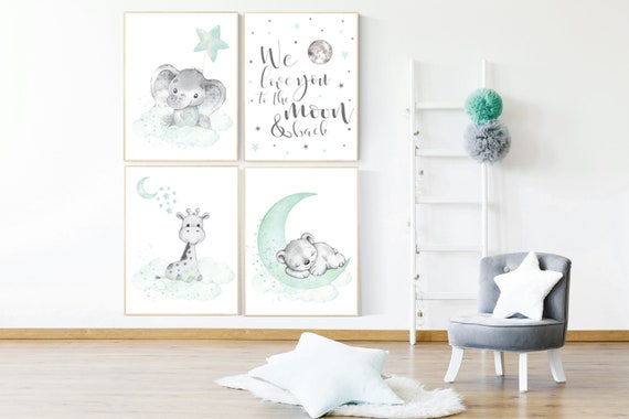 Elephant, giraffe, bear, nursery wall art gender neutral, Mint nursery decor, nursery decor twins, unisex, we love you to the moon and back