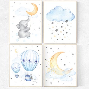Baby room decor elephant, nursery decor hot air balloons, cloud nursery decor, Nursery wall art neutral, moon and stars, gender neutral