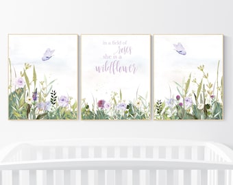 Floral Butterfly Nursery Art Prints: Purple Lilac Decor