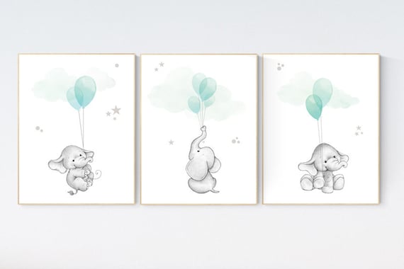 Nursery decor elephant, gender neutral nursery decor, nursery wall art animals, elephant balloon print, aqua nursery decor, turquoise, mint