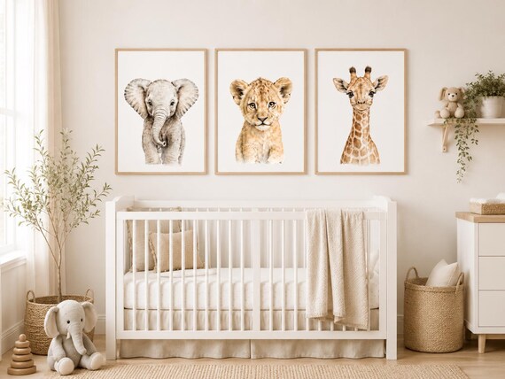 Safari Nursery Wall Art Set of 3, Baby Animal Prints, Elephant Lion Giraffe