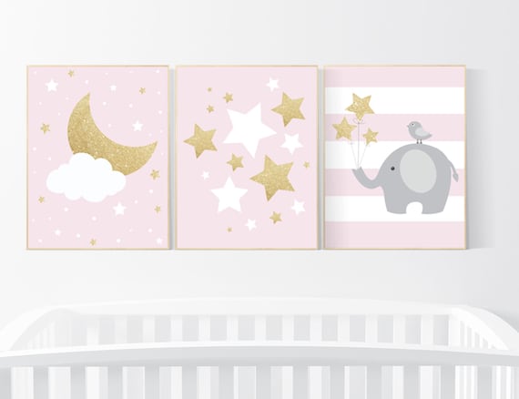 Pink gold nursery, elephant nursery, cloud nursery wall art, pink and gold, baby girl nursery, moon, stars, cloud, girl nursery ideas