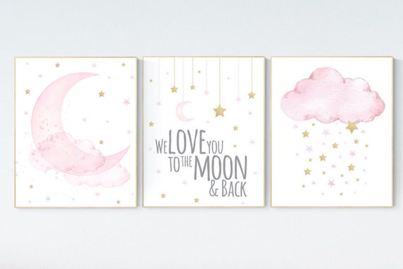 Nursery wall art girl, pink and gold nursery, we love you to the moon and back, pink nursery art, cloud and stars, baby room decor for girls