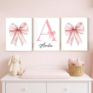 Personalized Pink Bow Nursery Wall Art Set | Custom Name Girl Room Prints | Baby Girl Decor | Blush Monogram Printable Art Set of 3
