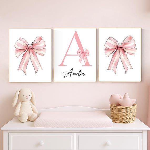 Personalized Pink Bow Nursery Wall Art Set | Custom Name Girl Room Prints | Baby Girl Decor | Blush Monogram Printable Art Set of 3