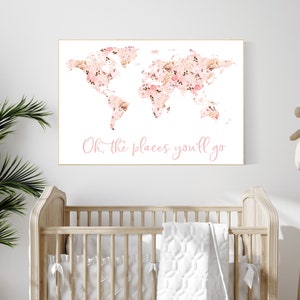 Bloemen wereldkaart, decor meisje kinderkamer, reizen kinderkamer kunst, bloemen kinderkamer print, blush kinderkamer, kinderkamer babykamer meisje, avontuur wacht
