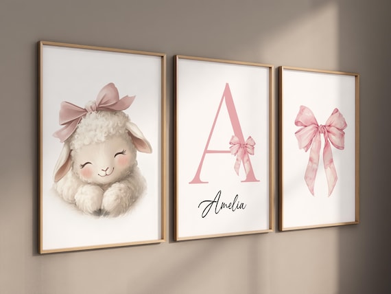 Blush Pink Sheep Nursery Wall Art – Personalized Name & Initial – 3 Piece Set with Bows – Baby Girl Animal Print Room Decor, lamb print