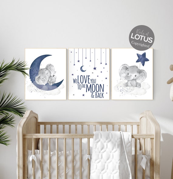 Nursery decor boy elephant, navy nursery decor, we love you to the moon and back, moon and stars, navy blue nursery art, elephant nursery