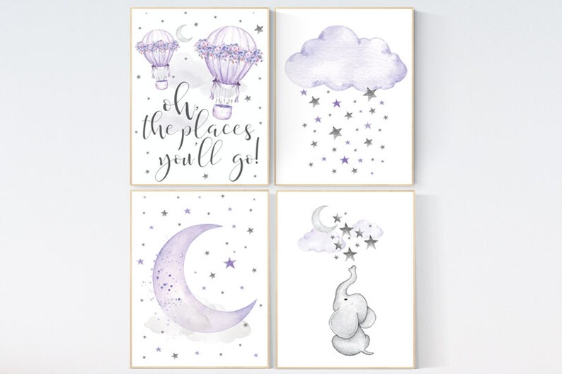 Nursery decor girl purple, nursery decor elephant, Nursery decor girl lavender and gray, oh the places you'll go, lilac, hot air balloons image 1