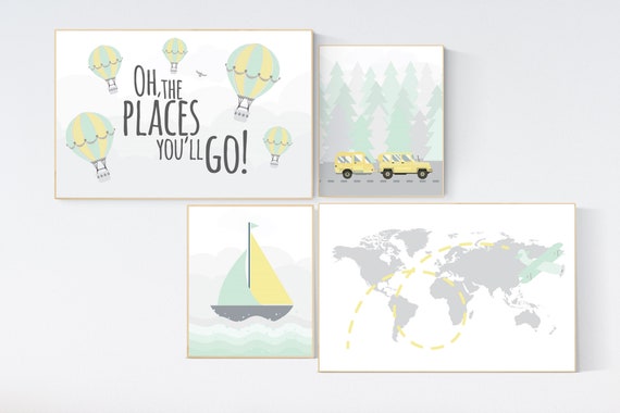 Adventure nursery decor, nursery decor airplane, world map nursery, adventure awaits, yellow mint nursery, travel theme, gender neutral