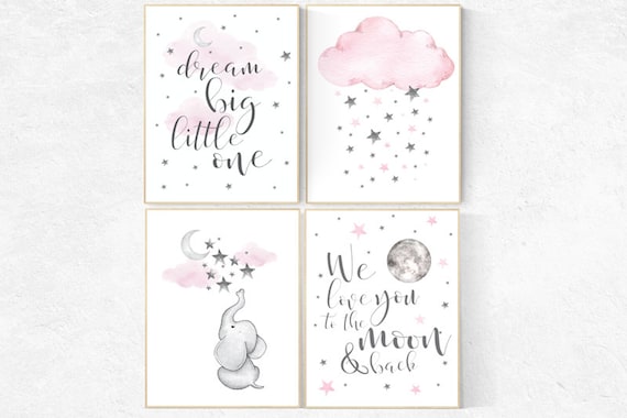 Nursery decor girl wall art, elephant nursery, Nursery decor girl, we love you to the moon and back, pink nursery prints, cloud and star