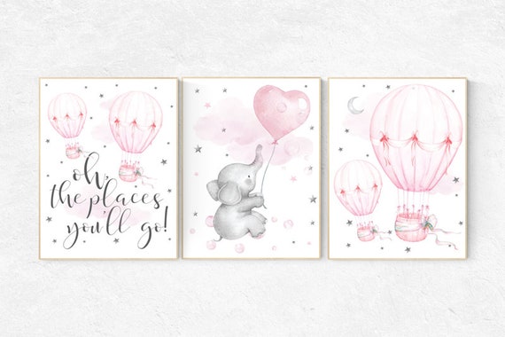 Nursery decor girl elephant, pink and gray, hot air balloon, pink grey, cloud and stars, hot air balloons, nursery wall art, nursery prints