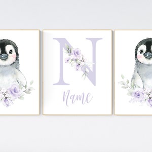 Penguin nursery, floral nursery decor, purple nursery art, baby room wall art, lilac, lavender, flower nursery, girls room decor