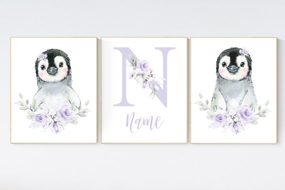 Penguin nursery, floral nursery decor, purple nursery art, baby room wall art, lilac, lavender, flower nursery, girls room decor