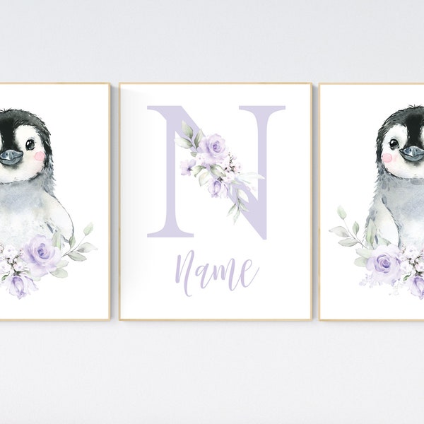 Penguin nursery, floral nursery decor, purple nursery art, baby room wall art, lilac, lavender, flower nursery, girls room decor