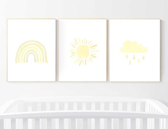 Nursery prints rainbow, Nursery decor gender neutral, nursery wall art neutral, yellow nursery, moon star, cloud, nursery wall art, rainbow