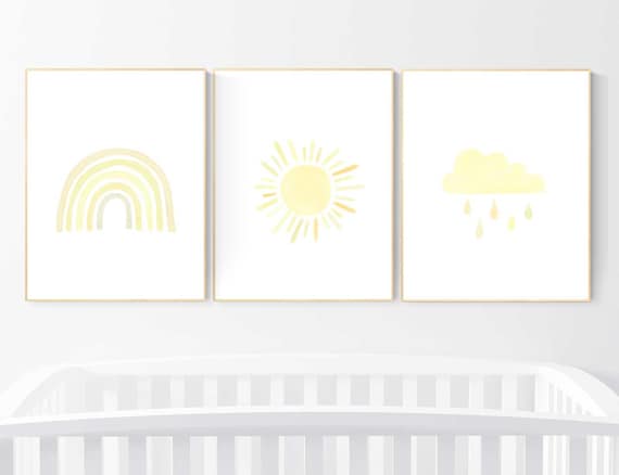 Nursery prints rainbow, Nursery decor gender neutral, nursery wall art neutral, yellow nursery, moon star, cloud, nursery wall art, rainbow