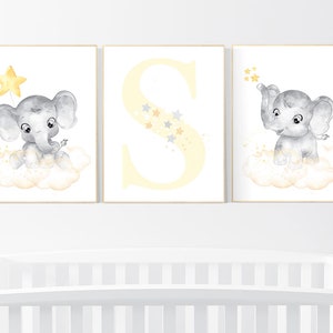 Nursery decor neutral, Yellow nursery, nursery wall art elephant, moon, stars, gender neutral, yellow and gray nursery art, baby room art