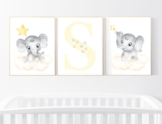 Nursery decor neutral, Yellow nursery, nursery wall art elephant, moon, stars, gender neutral, yellow and gray nursery art, baby room art