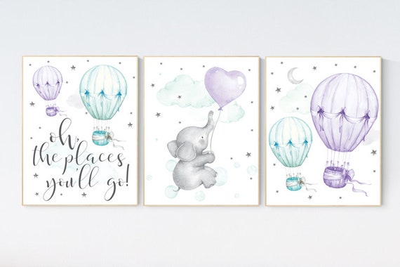 Nursery decor girl elephant, nursery decor girl purple, hot air balloon, purple mint, lavender, nursery decor girl lila, lilac mint, aqua