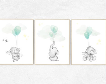 Elephant Balloon Nursery Print: Mint & Yellow Baby Room Decor