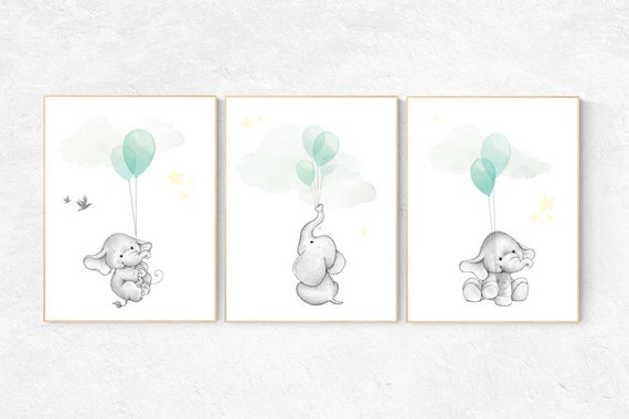 Nursery decor elephant, gender neutral nursery decor, nursery wall art animals, elephant balloon print, mint yellow nursery decor, baby room